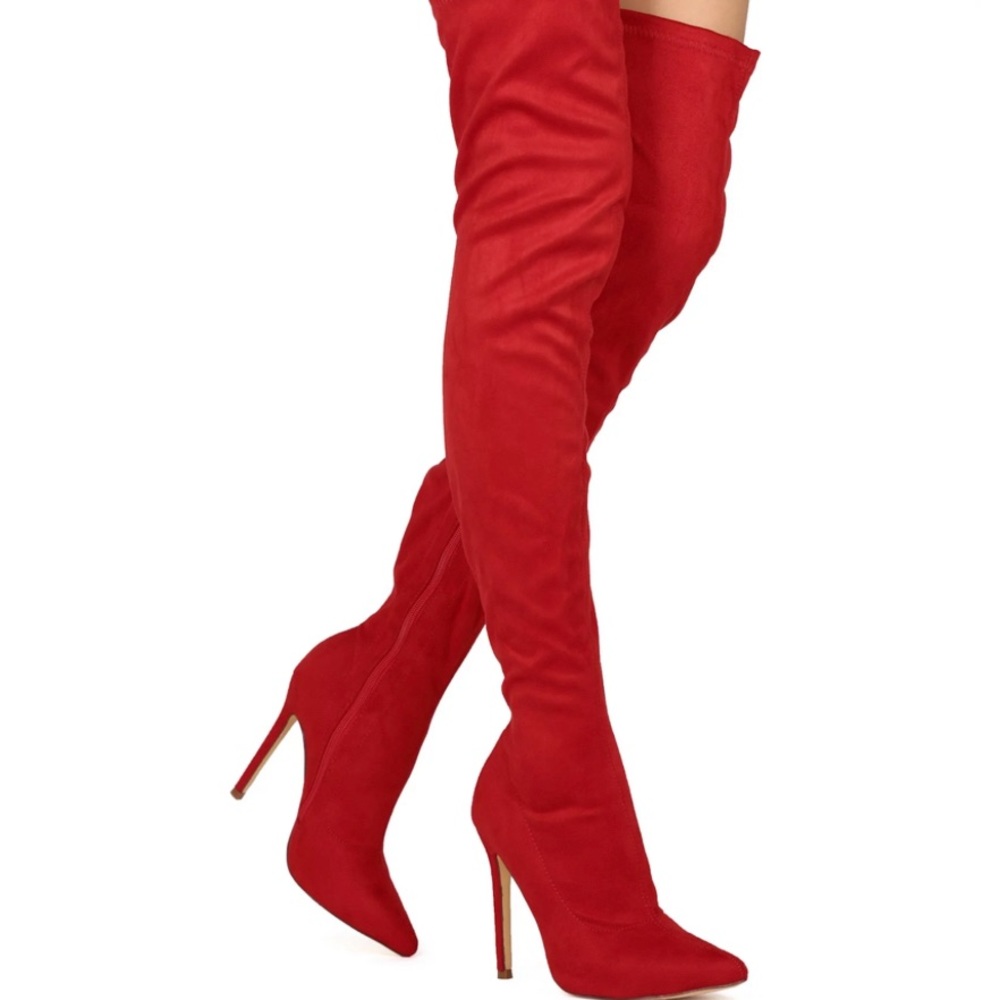 PRE-LOVED Liliana Gisele-7 Red faux Suede Pointy Toe Thigh High Single Sole